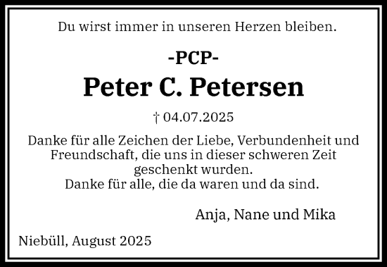 Traueranzeige von Peter Petersen von Husumer Nachrichten, Nordfriesland Tageblatt