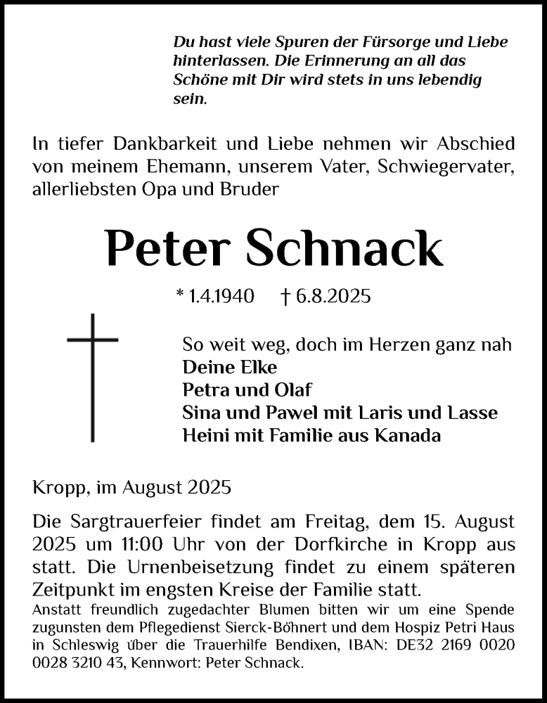  Traueranzeige für Peter Schnack vom 12.08.2025 aus Schleswig-Holsteinische Landeszeitung