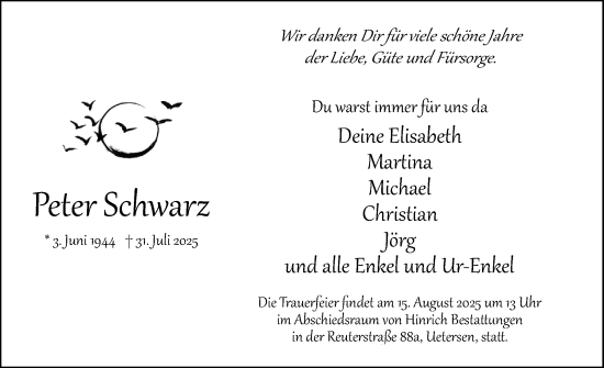Traueranzeige von Peter Schwarz von Uetersener Nachrichten, Der tip am Wochenende