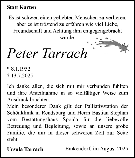 Traueranzeige von Peter Tarrach von Schleswig-Holsteinische Landeszeitung