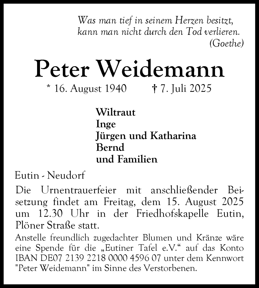  Traueranzeige für Peter Weidemann vom 09.08.2025 aus Ostholsteiner Anzeiger