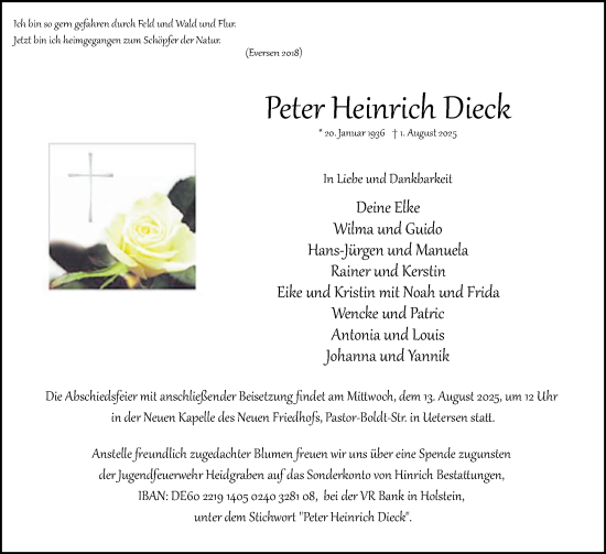 Traueranzeige von Peter Heinrich Dieck von Uetersener Nachrichten, Der tip am Wochenende