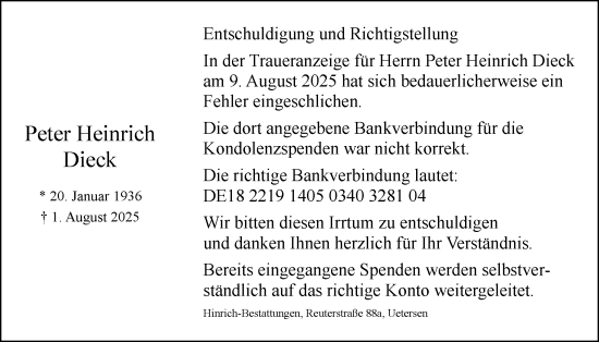 Traueranzeige von Peter Heinrich Dieck von Uetersener Nachrichten, Der tip am Wochenende