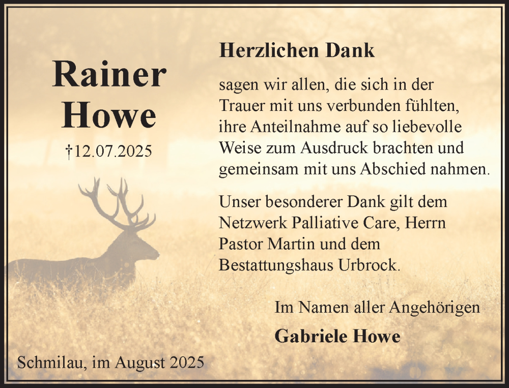  Traueranzeige für Rainer Howe vom 09.08.2025 aus MARKT Ratzeburg/Mölln