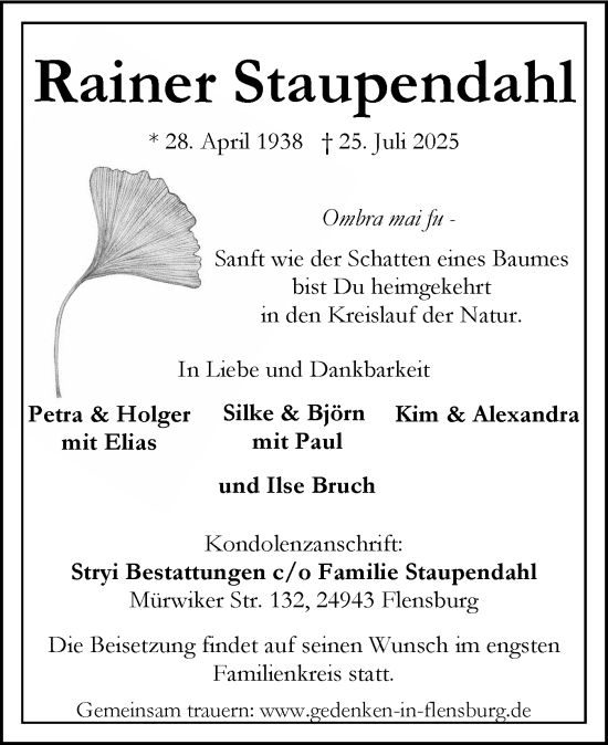 Traueranzeige von Rainer Staupendahl von Flensburger Tageblatt