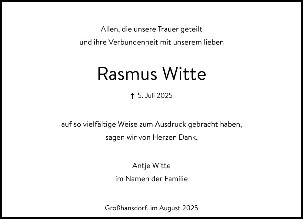  Traueranzeige für Rasmus Witte vom 30.08.2025 aus MARKT Ahrensburg/Bargteheide/Trittau und Stormarner Tageblatt
