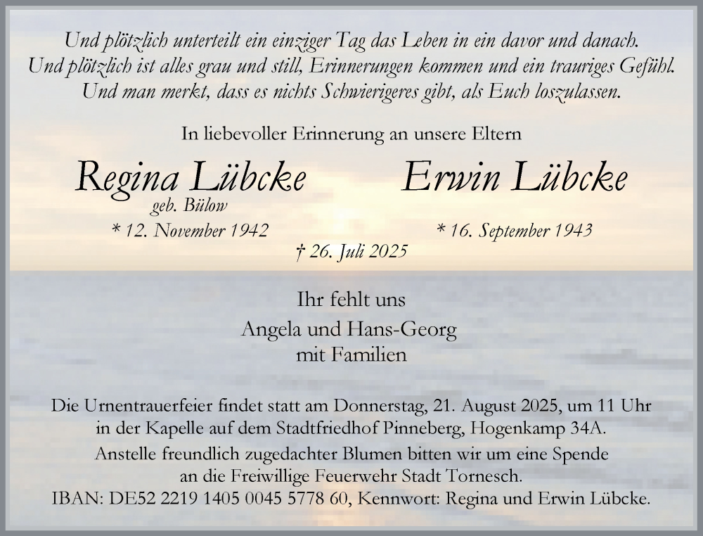  Traueranzeige für Regina Lübcke vom 09.08.2025 aus Region Pinneberg und tip Pinneberg