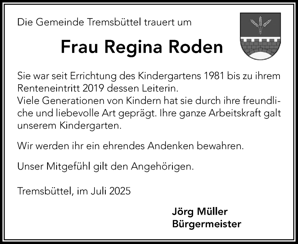  Traueranzeige für Regina Roden vom 02.08.2025 aus MARKT Ahrensburg/Bargteheide/Trittau und Stormarner Tageblatt