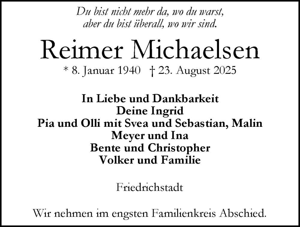  Traueranzeige für Reimer Michaelsen vom 29.08.2025 aus Husumer Nachrichten, Nordfriesland Tageblatt