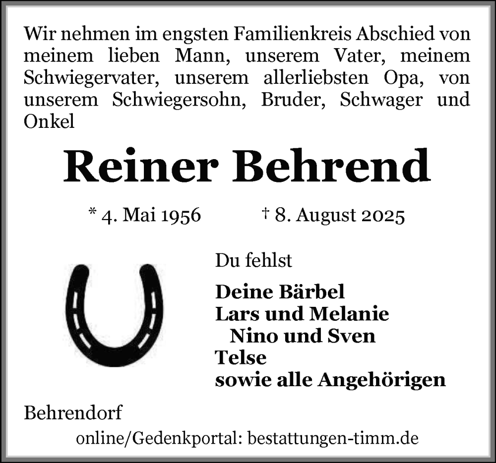  Traueranzeige für Reiner Behrend vom 16.08.2025 aus Husumer Nachrichten, Nordfriesland Tageblatt