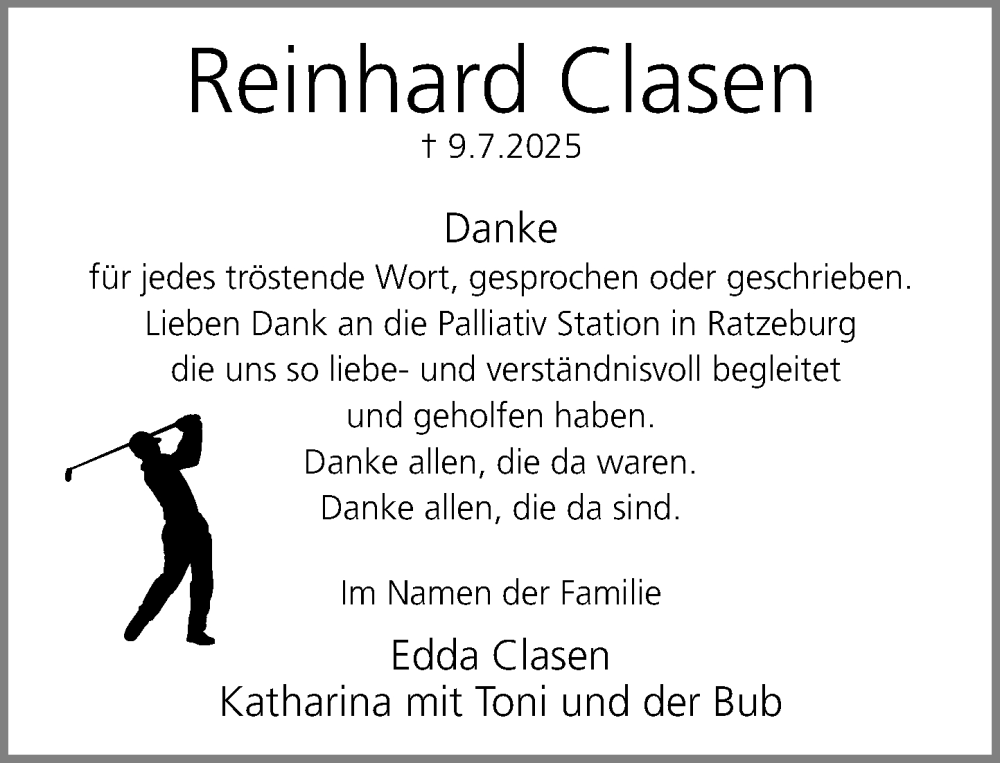 Traueranzeige für Reinhard Clasen vom 16.08.2025 aus MARKT Ratzeburg/Mölln