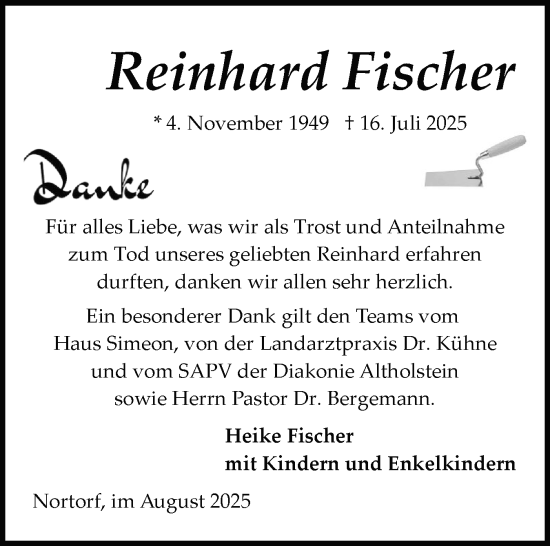 Traueranzeige von Reinhard Fischer von Schleswig-Holsteinische Landeszeitung