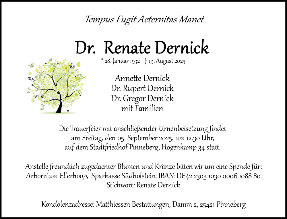  Traueranzeige für Renate Dernick vom 30.08.2025 aus Region Pinneberg und tip Pinneberg