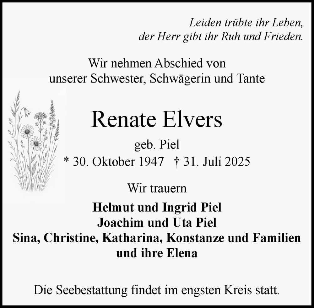  Traueranzeige für Renate Elvers vom 09.08.2025 aus Wochenend Anzeiger
