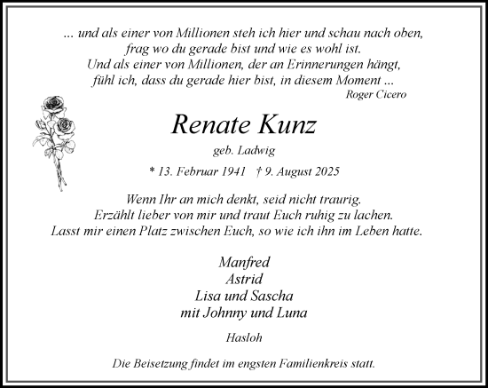 Traueranzeige von Renate Kunz von Umschau