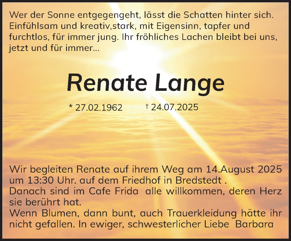  Traueranzeige für Renate Lange vom 02.08.2025 aus Husumer Nachrichten, Nordfriesland Tageblatt