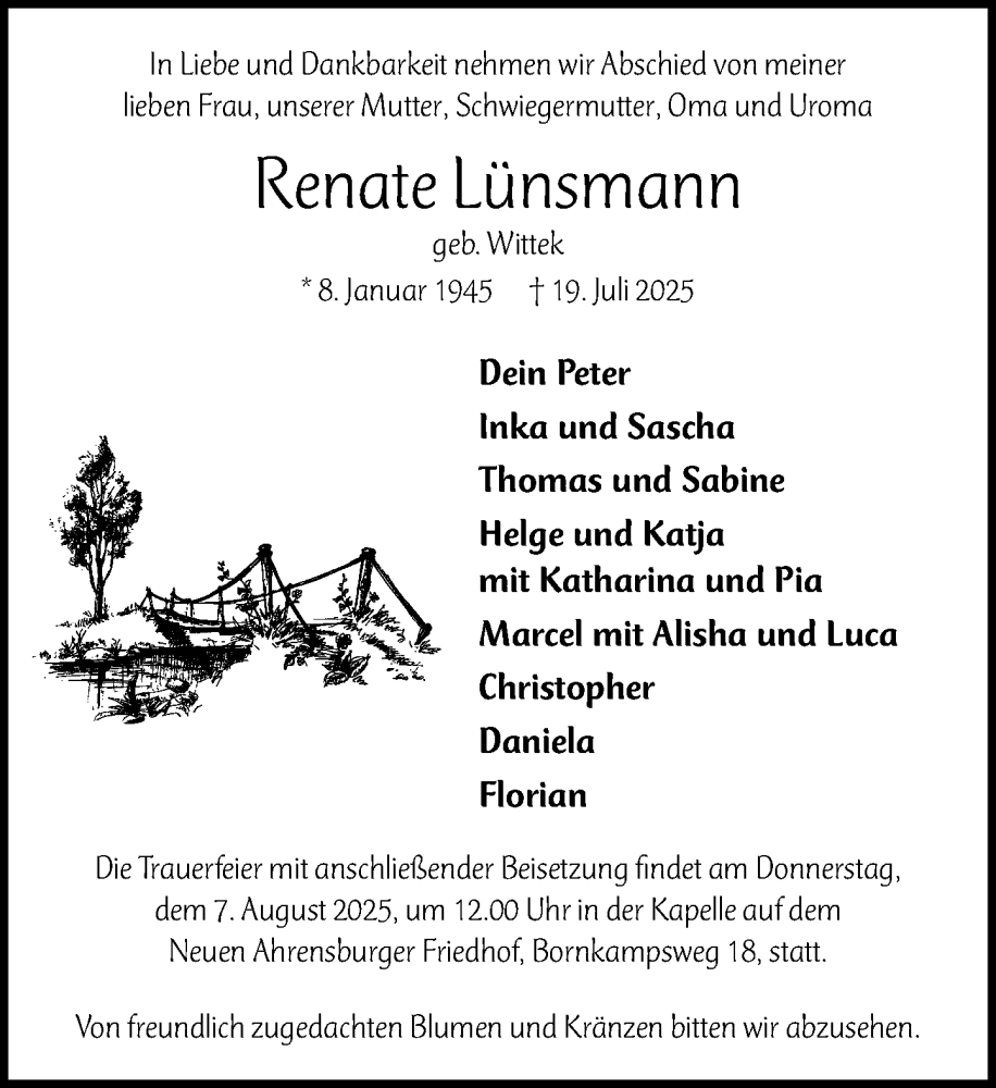  Traueranzeige für Renate Lünsmann vom 02.08.2025 aus MARKT Ahrensburg/Bargteheide/Trittau und Stormarner Tageblatt