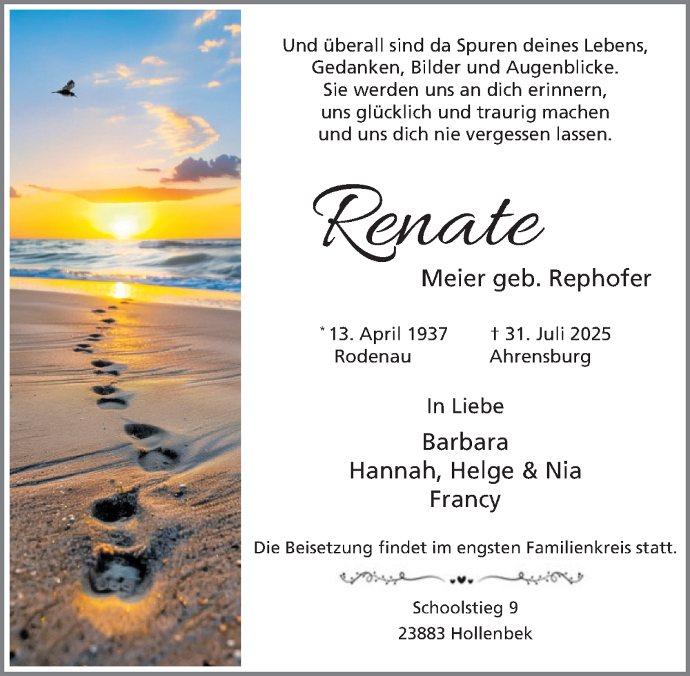  Traueranzeige für Renate Meier vom 16.08.2025 aus MARKT Ratzeburg/Mölln