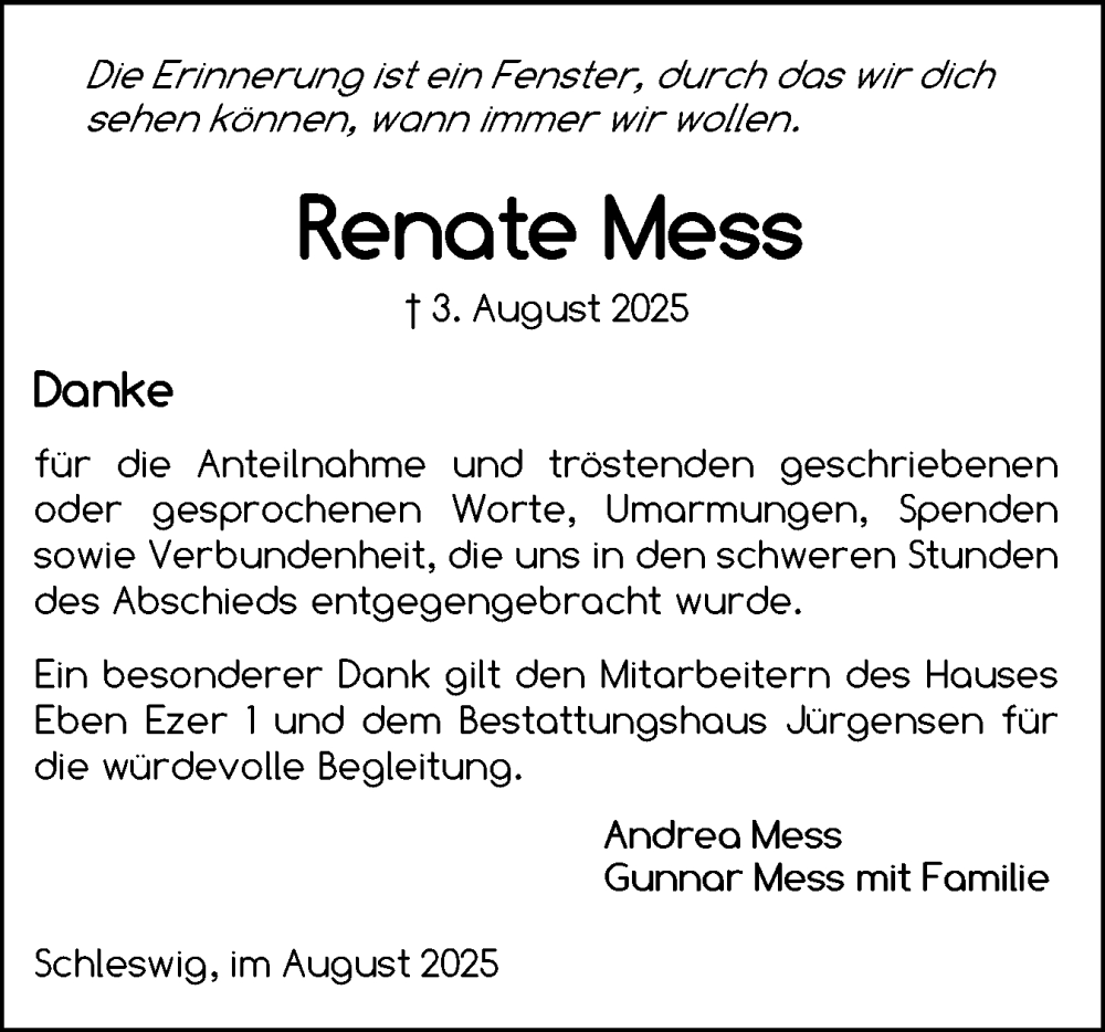  Traueranzeige für Renate Mess vom 30.08.2025 aus Schleswiger Nachrichten, Schlei-Bote