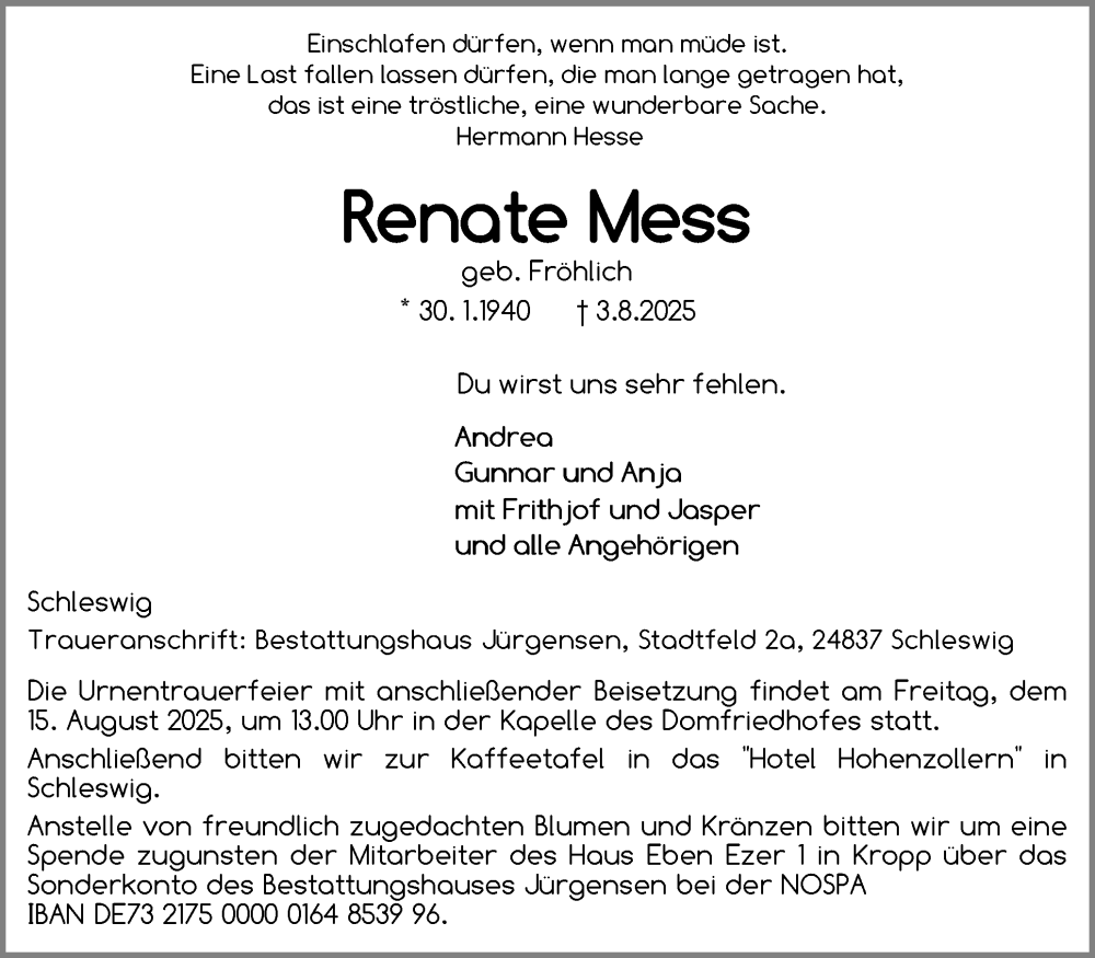  Traueranzeige für Renate Mess vom 09.08.2025 aus Schleswiger Nachrichten, Schlei-Bote
