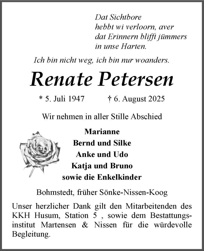  Traueranzeige für Renate Petersen vom 16.08.2025 aus Husumer Nachrichten, Nordfriesland Tageblatt