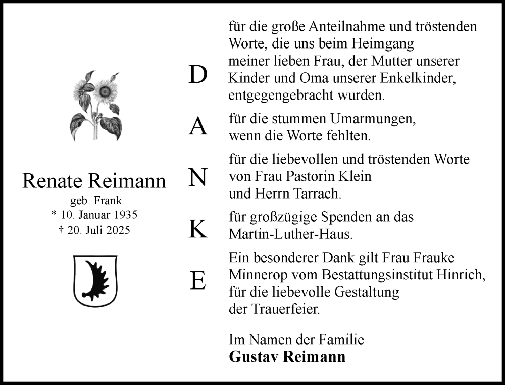  Traueranzeige für Renate Reimann vom 23.08.2025 aus Uetersener Nachrichten, Der tip am Wochenende
