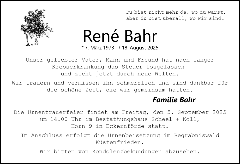  Traueranzeige für René Bahr vom 30.08.2025 aus Eckernförder Zeitung, Hallo Eckernförde