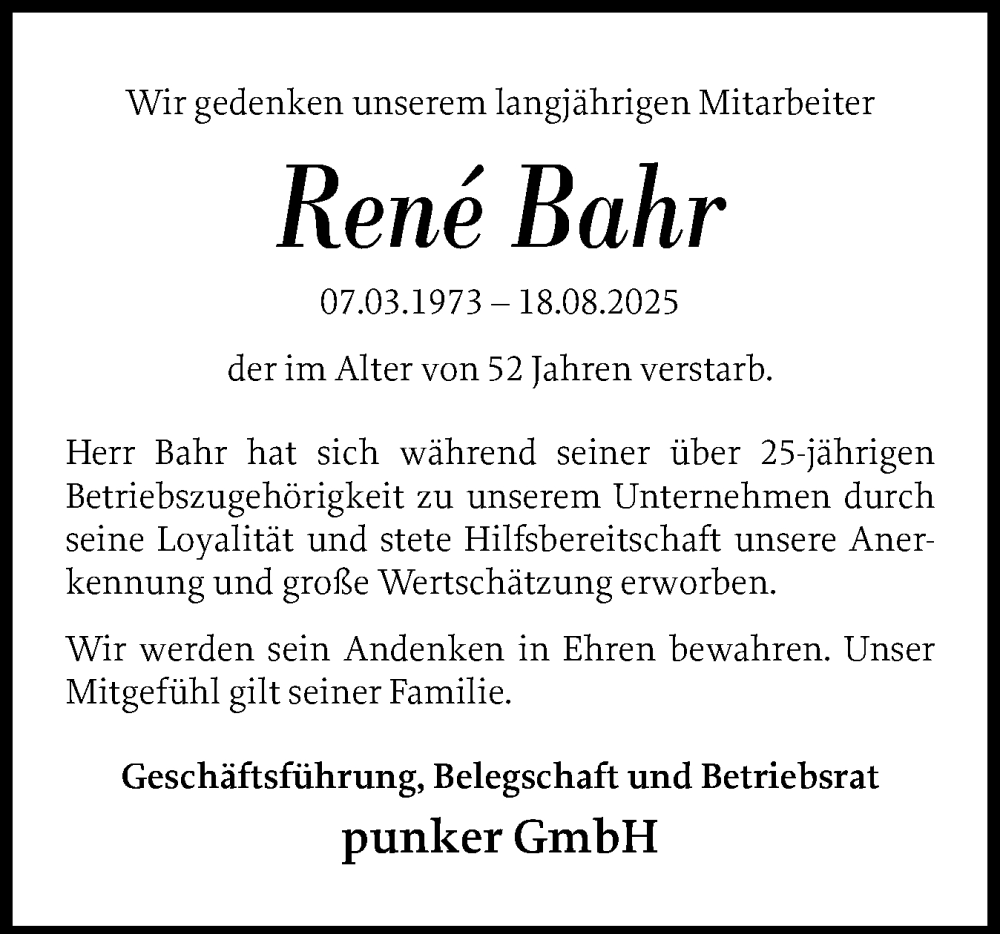  Traueranzeige für René Bahr vom 30.08.2025 aus Eckernförder Zeitung, Hallo Eckernförde