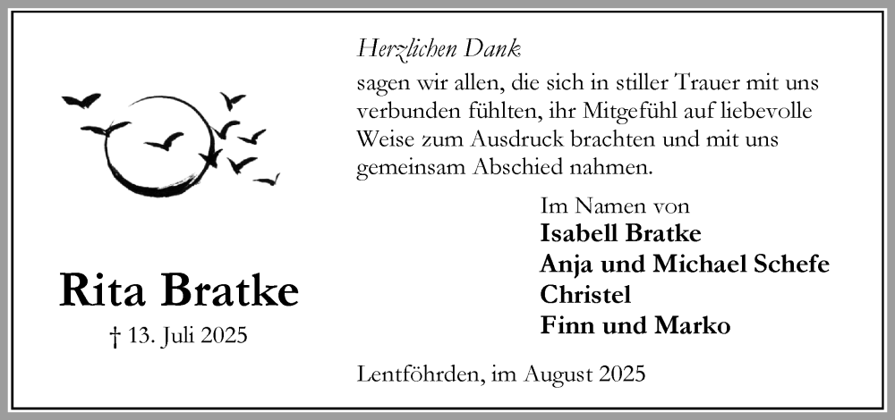  Traueranzeige für Rita Bratke vom 30.08.2025 aus Umschau