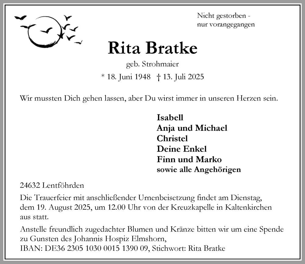  Traueranzeige für Rita Bratke vom 09.08.2025 aus Umschau