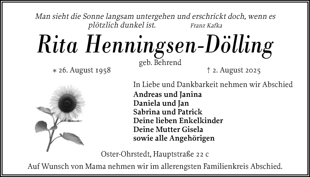  Traueranzeige für Rita Henningsen-Dölling vom 07.08.2025 aus Husumer Nachrichten, Nordfriesland Tageblatt