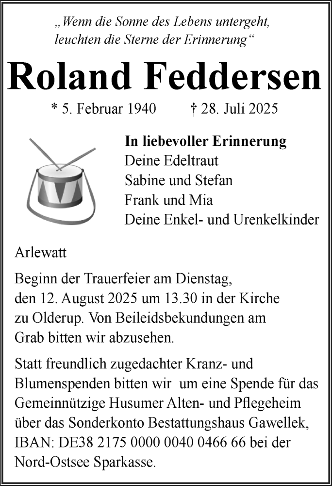  Traueranzeige für Roland Feddersen vom 02.08.2025 aus Husumer Nachrichten, Nordfriesland Tageblatt