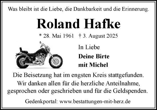 Traueranzeige von Roland Hafke von Flensburger Tageblatt