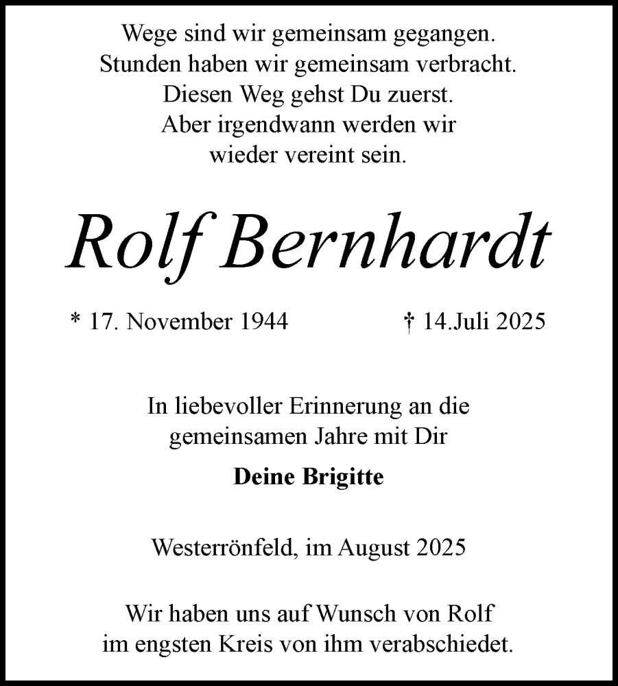  Traueranzeige für Rolf Bernhardt vom 02.08.2025 aus Schleswig-Holsteinische Landeszeitung