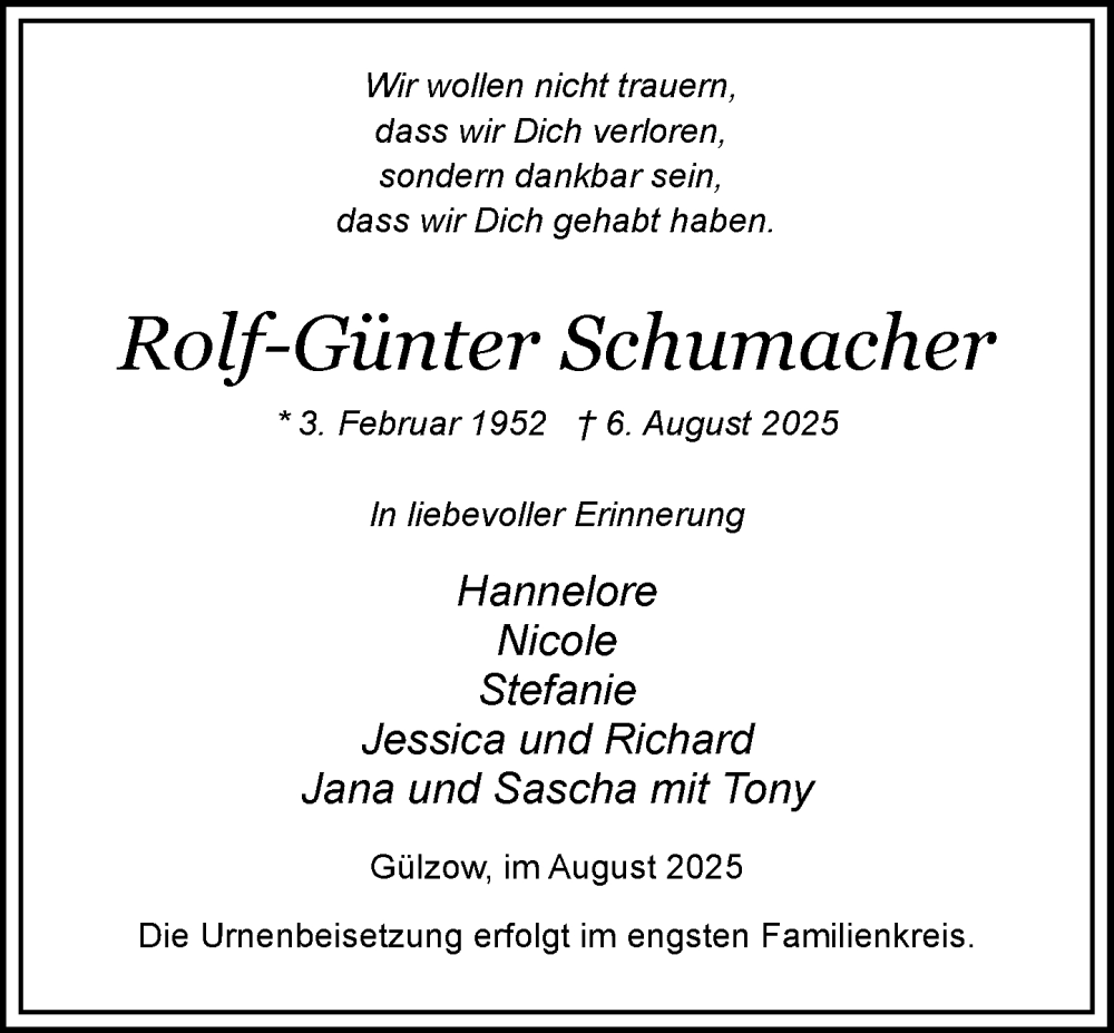  Traueranzeige für Rolf-Günter Schumacher vom 16.08.2025 aus Wochenend Anzeiger