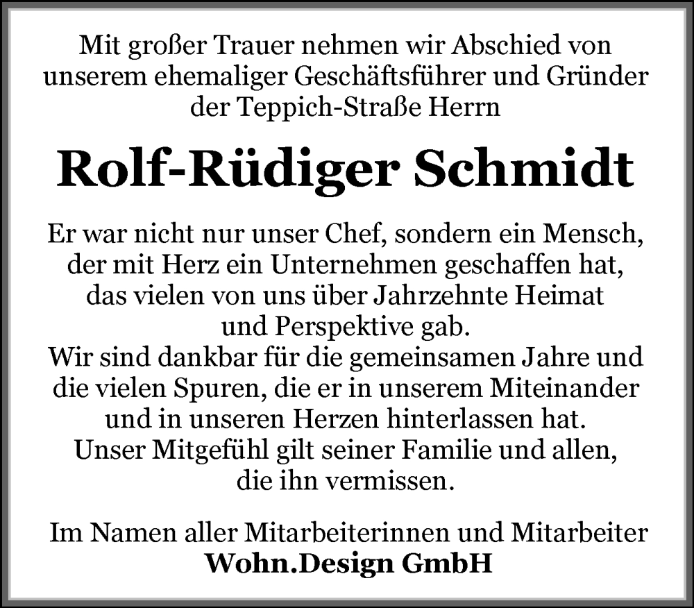  Traueranzeige für Rolf-Rüdiger Schmidt vom 16.08.2025 aus Flensburger Tageblatt