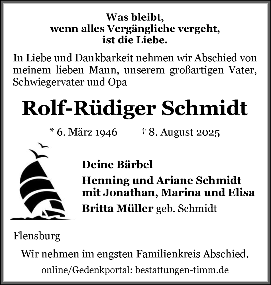  Traueranzeige für Rolf-Rüdiger Schmidt vom 16.08.2025 aus Flensburger Tageblatt