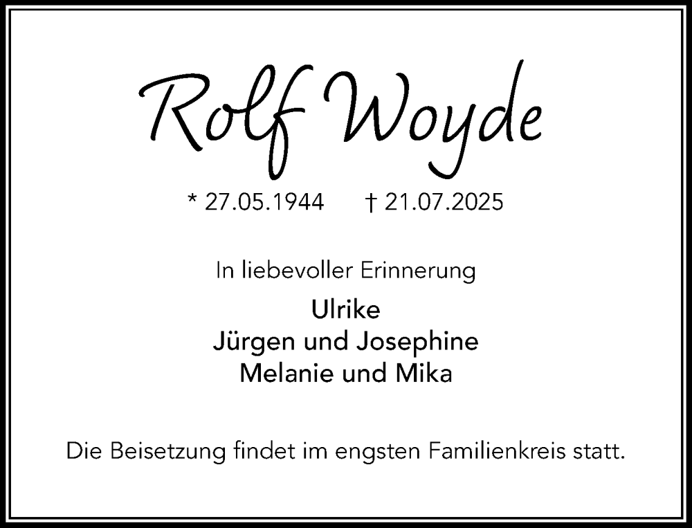  Traueranzeige für Rolf Woyde vom 02.08.2025 aus MARKT Glinde/Reinbek