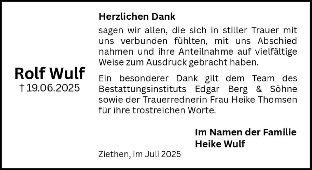  Traueranzeige für Rolf Wulf vom 02.08.2025 aus MARKT Ratzeburg/Mölln