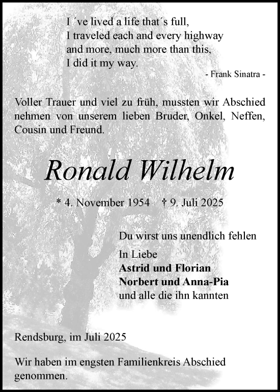 Traueranzeige von Ronald Wilhelm von Schleswig-Holsteinische Landeszeitung