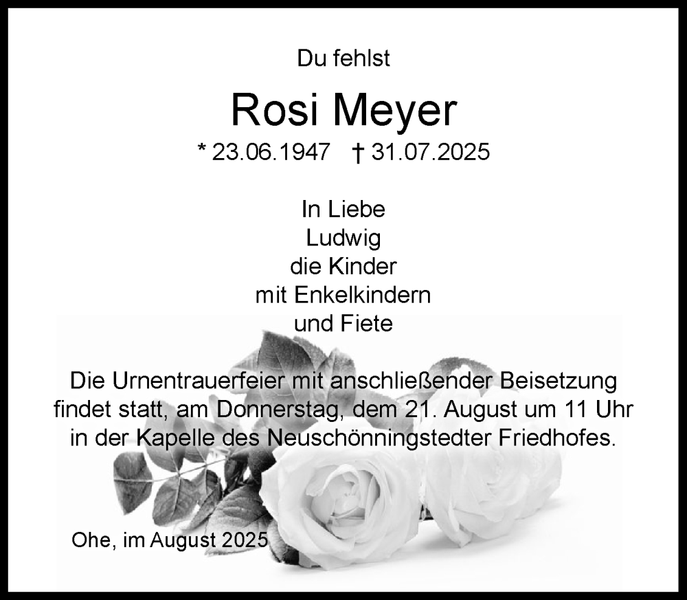  Traueranzeige für Rosi Meyer vom 16.08.2025 aus MARKT Glinde/Reinbek