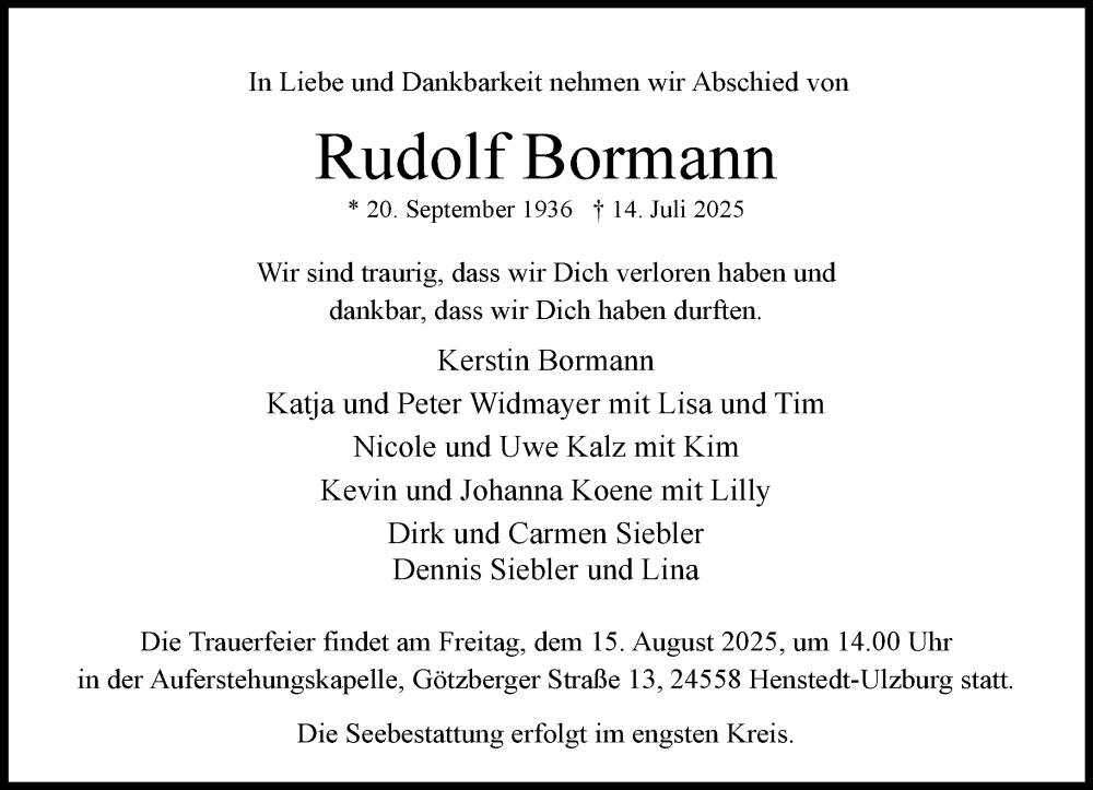  Traueranzeige für Rudolf Bormann vom 09.08.2025 aus Umschau