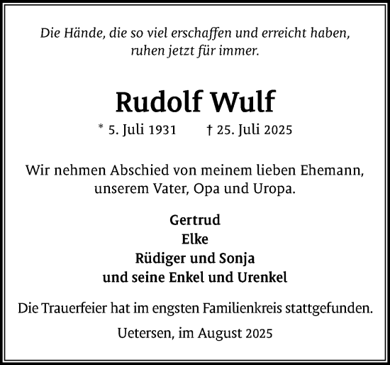Traueranzeige von Rudolf Wulf von Uetersener Nachrichten, Der tip am Wochenende