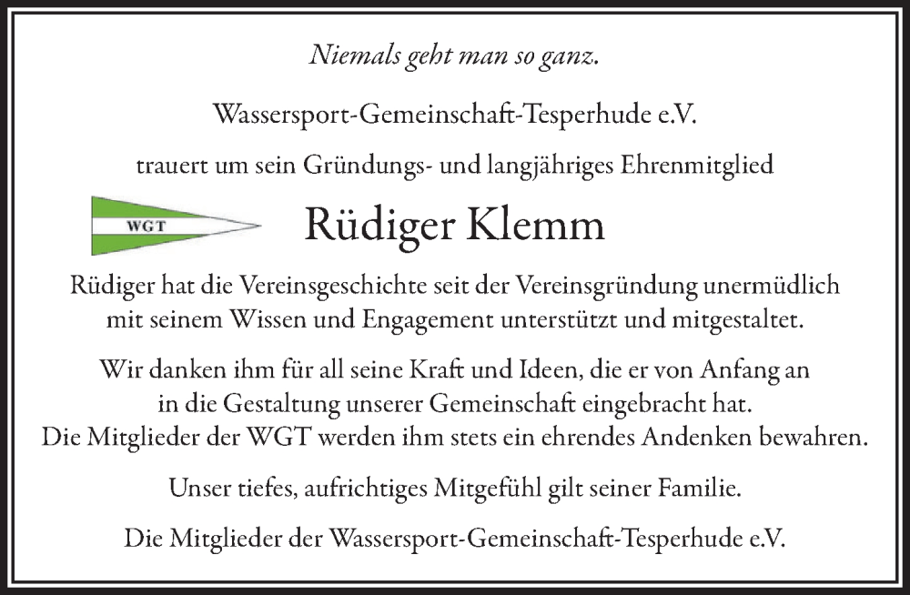  Traueranzeige für Rüdiger Klemm vom 30.08.2025 aus Wochenend Anzeiger