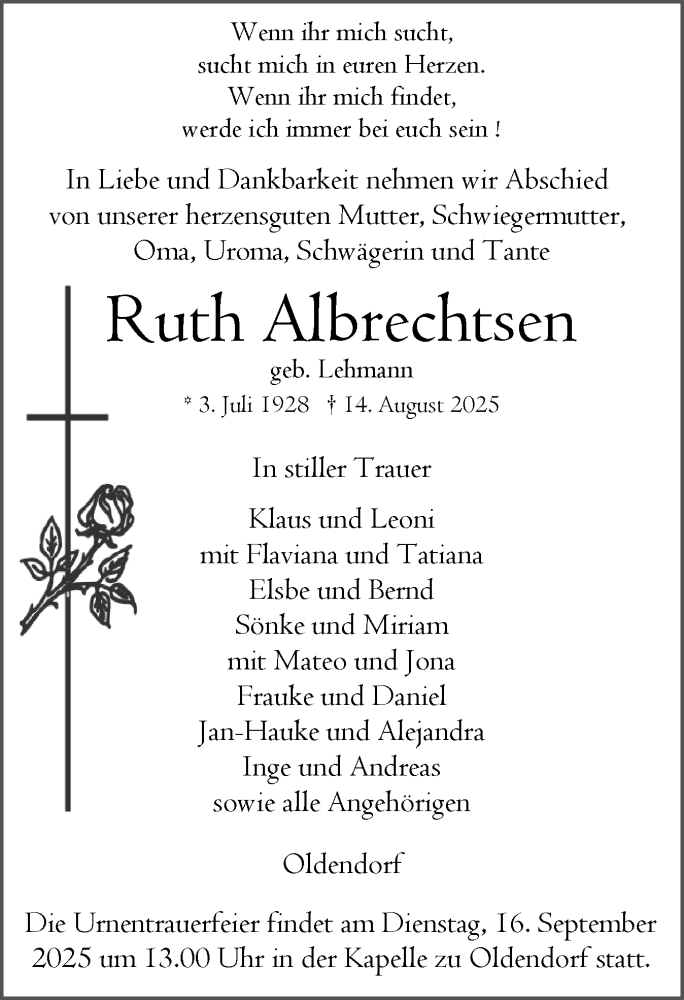  Traueranzeige für Ruth Albrechtsen vom 30.08.2025 aus Norddeutsche Rundschau, Wilstersche Zeitung, Glückstädter Fortuna