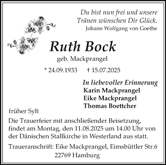 Traueranzeige von Ruth Bock von Sylter Rundschau