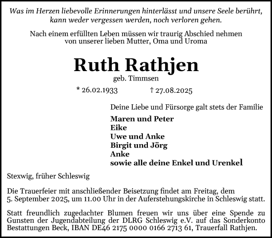 Traueranzeige von Ruth Rathjen von Schleswiger Nachrichten, Schlei-Bote