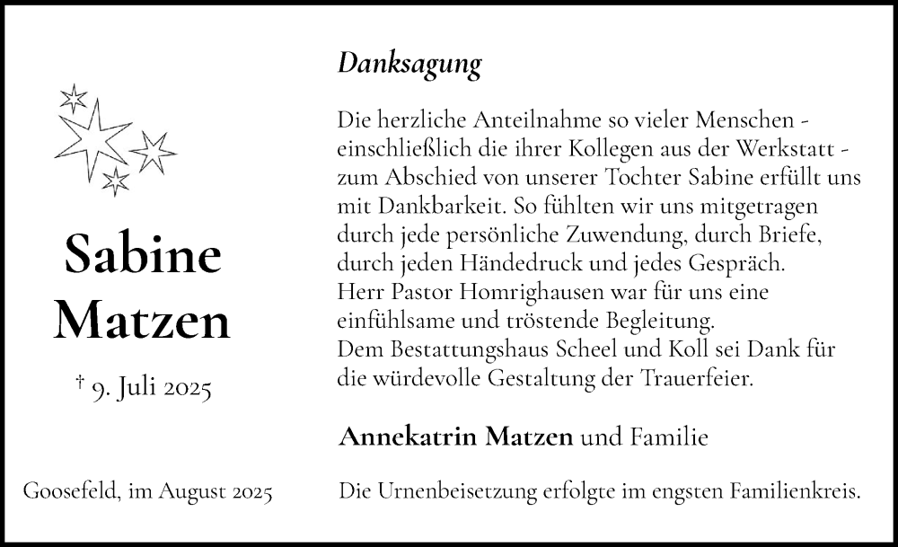  Traueranzeige für Sabine Matzen vom 09.08.2025 aus Eckernförder Zeitung, Hallo Eckernförde