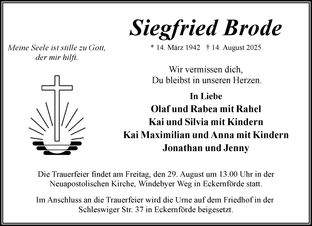  Traueranzeige für Siegfried Brode vom 23.08.2025 aus Eckernförder Zeitung, Hallo Eckernförde