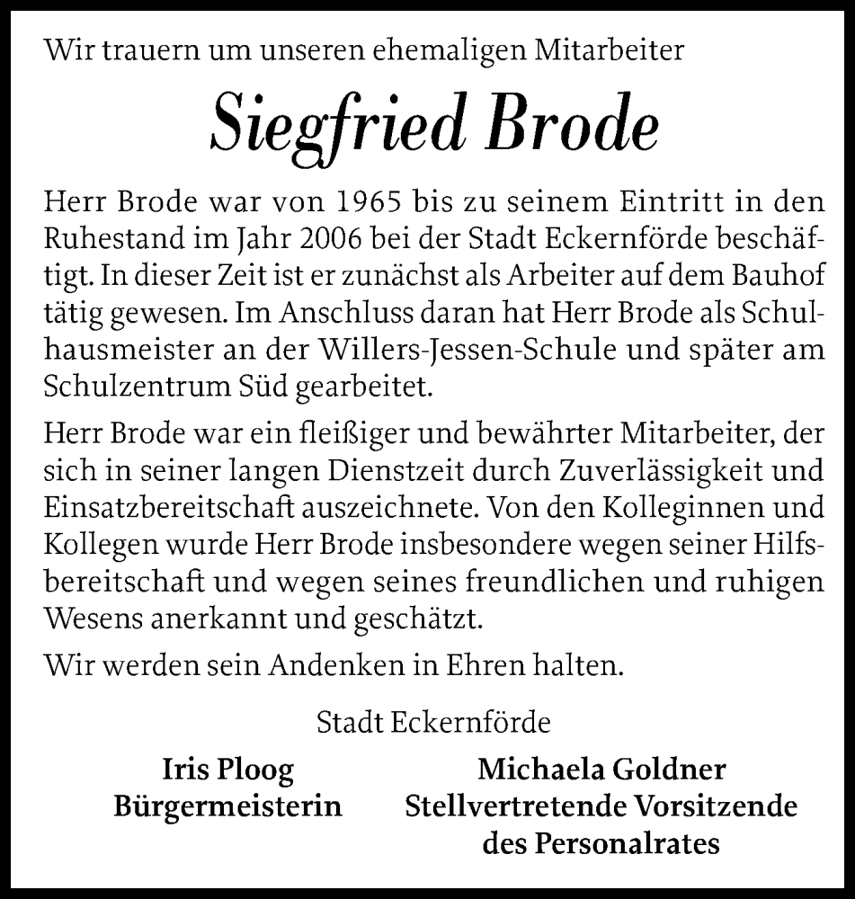  Traueranzeige für Siegfried Brode vom 29.08.2025 aus Eckernförder Zeitung